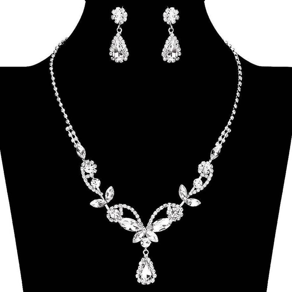 Diacly Floral Rhinestone Necklace Set Women OS Silver AB Bridal Prom Glam NEW - Picture 2 of 10